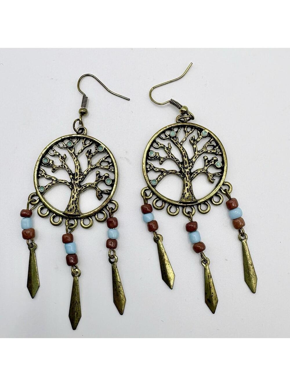 Tree of Life Earrings Gold Tone Drop Dangle Beads